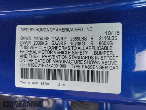 ✅ 2019 Honda Accord Sport • VIN: 1HGCV1F34KA001009 • Lot: 42156795. Wystawiony na IAAI z przebiegiem 49 301 mil. Bezpłatny archiwum sprzedaży aukcyjnych z USA i szczegółowy raport historii pojazdu na DreamBid. Zdjęcie 9.