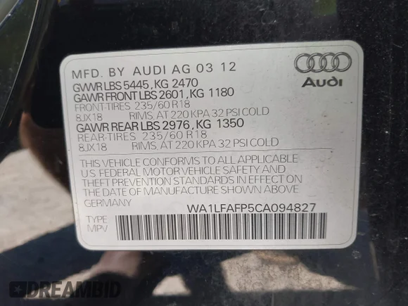 ✅ 2012 Audi Q5 Premium Plus • VIN: WA1LFAFP5CA094827 • Лот: 42707989. Опубліковано раніше на IAAI з пробігом 183 135 миль. Безкоштовний доступ до архіву аукціонних продажів зі США та докладний звіт про історію автомобіля на DreamBid. Зображення 9.