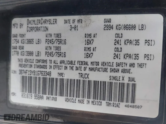 ✅ 2001 Dodge 1500 • VIN: 3B7HF13Y91G763348 • Лот: 41510274. Опубліковано раніше на IAAI з пробігом 207 408 миль. Безкоштовний доступ до архіву аукціонних продажів зі США та докладний звіт про історію автомобіля на DreamBid. Зображення 9.