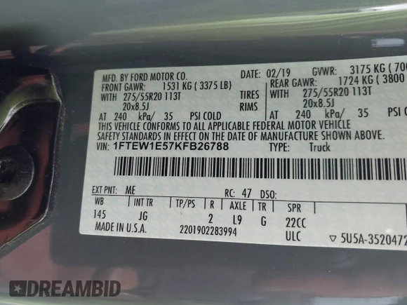 ✅ 2019 Ford F-150 XL • VIN: 1FTEW1E57KFB26788 • Lot: 42366820. Wystawiony na IAAI z przebiegiem 78 993 mil. Bezpłatny archiwum sprzedaży aukcyjnych z USA i szczegółowy raport historii pojazdu na DreamBid. Zdjęcie 9.