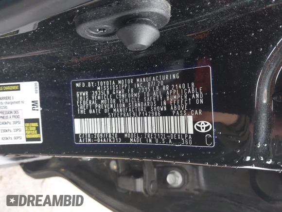 ✅ 2020 Toyota Corolla LE • VIN: 5YFEPRAE9LP142986 • Lot: 44371404. Wystawiony na IAAI z przebiegiem 39 138 mil. Bezpłatny archiwum sprzedaży aukcyjnych z USA i szczegółowy raport historii pojazdu na DreamBid. Zdjęcie 9.