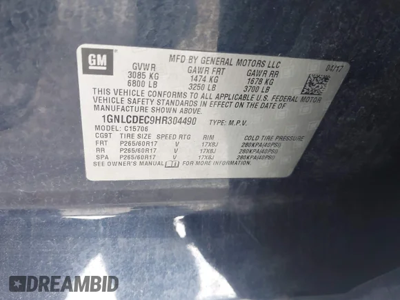 ✅ 2017 Chevrolet Tahoe Commercial • VIN: 1GNLCDEC9HR304490 • Lot: 44434274. Listed on IAAI with 181,509 mi. Free auction sales archive from the USA and detailed vehicle history report at DreamBid. Image 9.