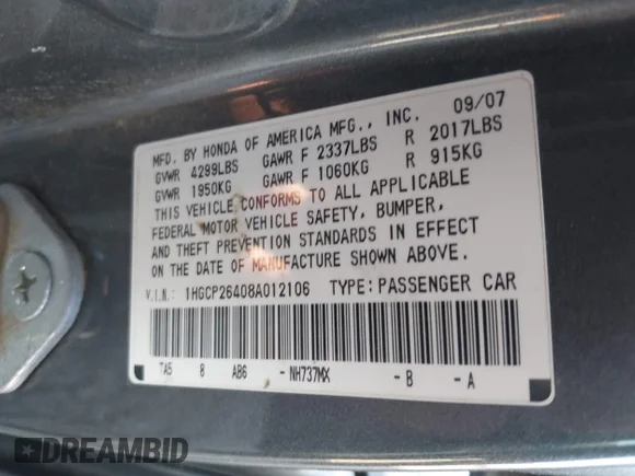 ✅ 2008 Honda Accord LX-P • VIN: 1HGCP26408A012106 • Lot: 44668759. Wystawiony na IAAI z przebiegiem 334 215 mil. Bezpłatny archiwum sprzedaży aukcyjnych z USA i szczegółowy raport historii pojazdu na DreamBid. Zdjęcie 9.