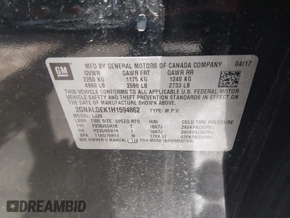 ✅ 2017 Chevrolet Equinox Premier • VIN: 2GNALDEK1H1594862 • Лот: 45274601. Опубликован ранее на IAAI с пробегом 81 847 миль. Бесплатный доступ к архиву аукционных продаж из США и подробный отчёт об истории автомобиля на DreamBid. Изображение 9.