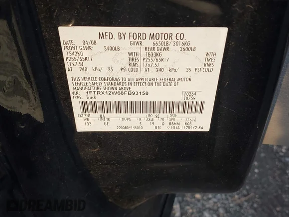 ✅ 2008 Ford F-150 STX • VIN: 1FTRX12W68FB93158 • Lot: 44060677. Wystawiony na IAAI z przebiegiem 164 231 mil. Bezpłatny archiwum sprzedaży aukcyjnych z USA i szczegółowy raport historii pojazdu na DreamBid. Zdjęcie 9.