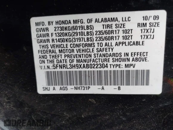 ✅ 2010 Honda Odyssey Touring • VIN: 5FNRL3H9XAB022304 • Lot: 44160935. Listed on IAAI with 173,635 mi. Free auction sales archive from the USA and detailed vehicle history report at DreamBid. Image 9.