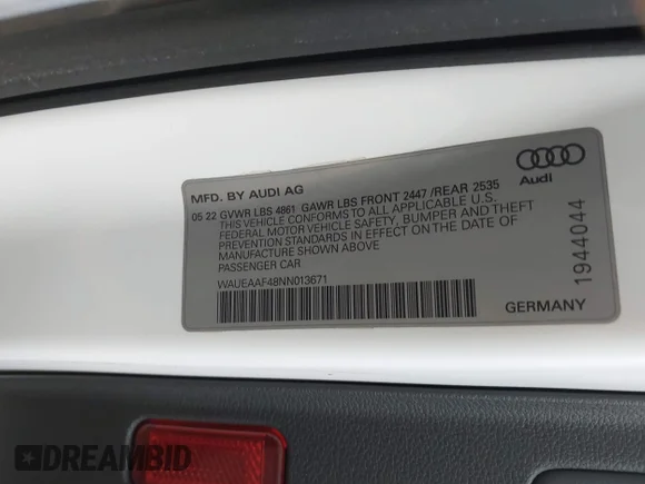 ✅ 2022 Audi A4 S line Premium Plus • VIN: WAUEAAF48NN013671 • Lot: 42249635. Listed on IAAI with 60,788 mi. Free auction sales archive from the USA and detailed vehicle history report at DreamBid. Image 9.