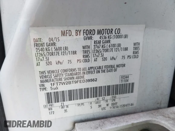 ✅ 2015 Ford F-250 Lariat • VIN: 1FT7W2BT9FED39562 • Лот: 44192921. Опубліковано раніше на IAAI з пробігом 267 317 миль. Безкоштовний доступ до архіву аукціонних продажів зі США та докладний звіт про історію автомобіля на DreamBid. Зображення 9.