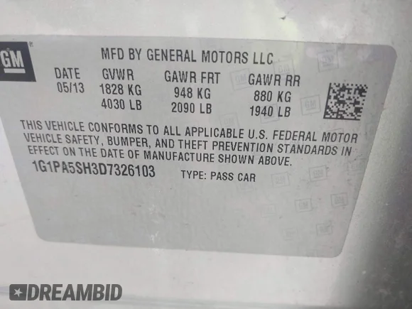 ✅ 2013 Chevrolet Cruze LS • VIN: 1G1PA5SH3D7326103 • Lot: 44111845. Listed on IAAI with 87,955 mi. Free auction sales archive from the USA and detailed vehicle history report at DreamBid. Image 9.