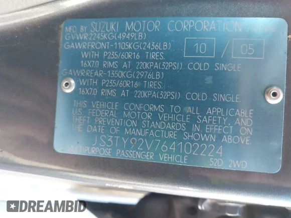 ✅ 2006 Suzuki XL7 • VIN: JS3TY92V764102224 • Лот: 43547158. Опубліковано раніше на IAAI з пробігом 163 452 миль. Безкоштовний доступ до архіву аукціонних продажів зі США та докладний звіт про історію автомобіля на DreamBid. Зображення 9.