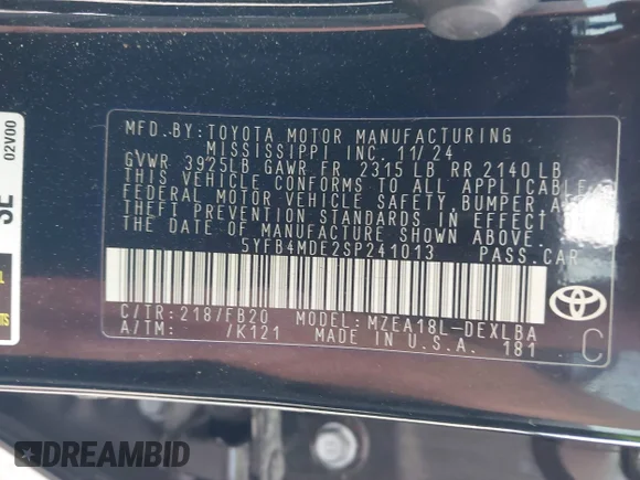 ✅ 2025 Toyota Corolla LE • VIN: 5YFB4MDE2SP241013 • Lot: 44122635. Wystawiony na IAAI z przebiegiem 37 917 mil. Bezpłatny archiwum sprzedaży aukcyjnych z USA i szczegółowy raport historii pojazdu na DreamBid. Zdjęcie 9.