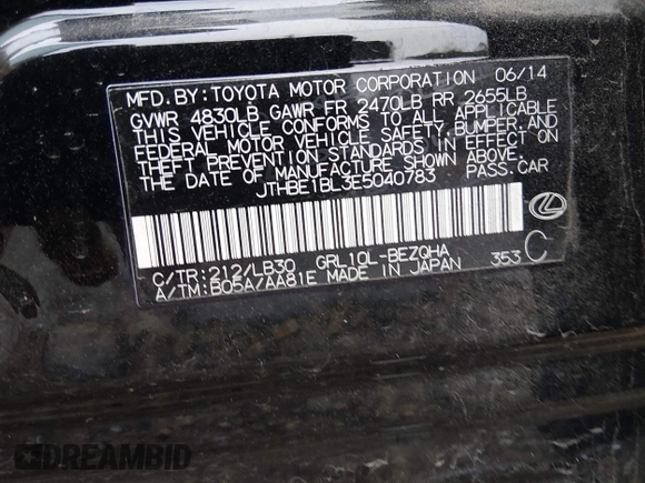 ✅ 2014 Lexus GS 350 • VIN: JTHBE1BL3E5040783 • Lot: 45017929. Listed on IAAI with 214,150 mi. Free auction sales archive from the USA and detailed vehicle history report at DreamBid. Image 9.
