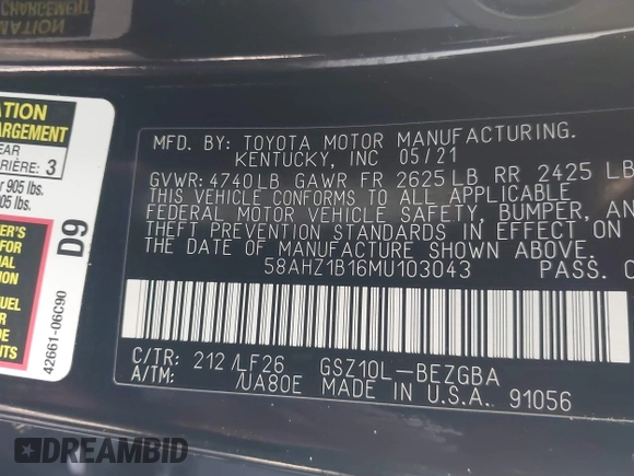 ✅ 2021 Lexus ES 350 F Sport • VIN: 58AHZ1B16MU103043 • Lot: 43319717. Wystawiony na IAAI z przebiegiem 44 406 mil. Bezpłatny archiwum sprzedaży aukcyjnych z USA i szczegółowy raport historii pojazdu na DreamBid. Zdjęcie 9.