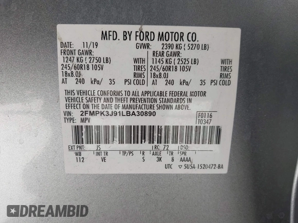 ✅ 2020 Ford Edge SEL • VIN: 2FMPK3J91LBA30890 • Lot: 44048992. Listed on IAAI with 155,429 mi. Free auction sales archive from the USA and detailed vehicle history report at DreamBid. Image 9.