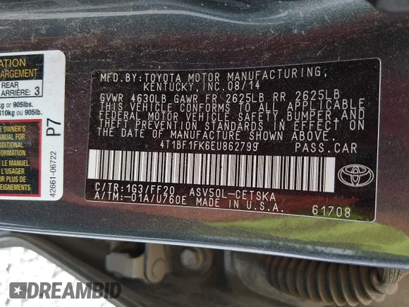 ✅ 2014 Toyota Camry LE • VIN: 4T1BF1FK6EU862799 • Lot: 45196301. Listed on IAAI with 212,169 mi. Free auction sales archive from the USA and detailed vehicle history report at DreamBid. Image 9.