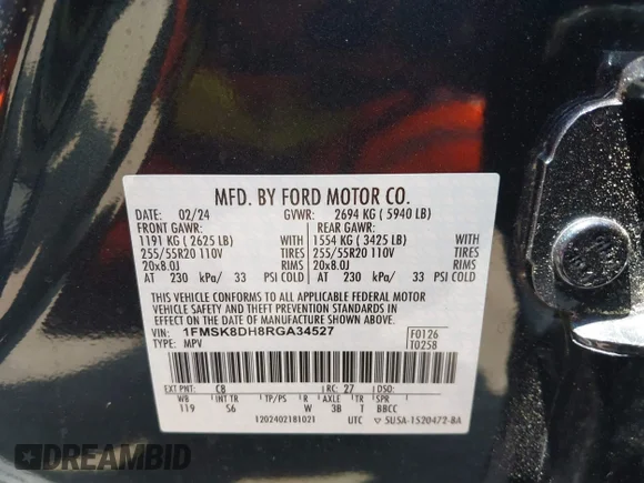✅ 2024 Ford Explorer XLT • VIN: 1FMSK8DH8RGA34527 • Lot: 45394797. Wystawiony na IAAI z przebiegiem 17 128 mil. Bezpłatny archiwum sprzedaży aukcyjnych z USA i szczegółowy raport historii pojazdu na DreamBid. Zdjęcie 9.