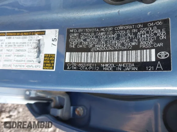 ✅ 2006 Toyota Prius • VIN: JTDKB20UX67076472 • Lot: 43822310. Listed on IAAI with Not provided. Free auction sales archive from the USA and detailed vehicle history report at DreamBid. Image 9.