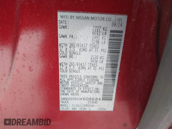 ✅ 2025 Nissan Frontier SV • VIN: 1N6ED1FKXSN608684 • Lot: 44196118. Wystawiony na IAAI z przebiegiem 16 302 mil. Bezpłatny archiwum sprzedaży aukcyjnych z USA i szczegółowy raport historii pojazdu na DreamBid. Zdjęcie 9.