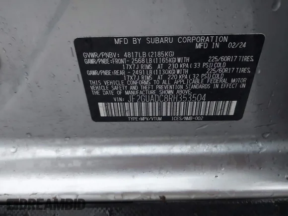 ✅ 2024 Subaru Crosstrek Premium • VIN: JF2GUADC8RH353504 • Lot: 44280325. Wystawiony na IAAI z przebiegiem 19 639 mil. Bezpłatny archiwum sprzedaży aukcyjnych z USA i szczegółowy raport historii pojazdu na DreamBid. Zdjęcie 9.