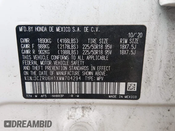✅ 2021 Honda HR-V Sport • VIN: 3CZRU6H1XMM704294 • Lot: 44349293. Wystawiony na IAAI z przebiegiem 176 293 mil. Bezpłatny archiwum sprzedaży aukcyjnych z USA i szczegółowy raport historii pojazdu na DreamBid. Zdjęcie 9.