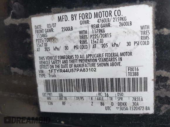 ✅ 2007 Ford Ranger STX • VIN: 1FTYR44U57PA83102 • Lot: 41776895. Listed on IAAI with 209,165 mi. Free auction sales archive from the USA and detailed vehicle history report at DreamBid. Image 9.