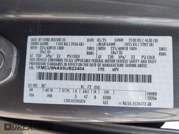 ✅ 2025 Ford Escape ST-Line Select • VIN: 1FMCU9NA9SUB22404 • Lot: 45304804. Wystawiony na IAAI z przebiegiem 23 240 mil. Bezpłatny archiwum sprzedaży aukcyjnych z USA i szczegółowy raport historii pojazdu na DreamBid. Zdjęcie 9.