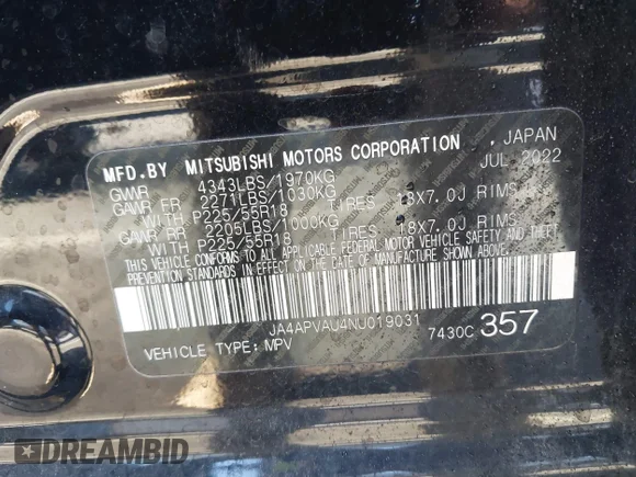 ✅ 2022 Mitsubishi Outlander SE • VIN: JA4APVAU4NU019031 • Lot: 43127291. Wystawiony na IAAI z przebiegiem 58 673 mil. Bezpłatny archiwum sprzedaży aukcyjnych z USA i szczegółowy raport historii pojazdu na DreamBid. Zdjęcie 9.