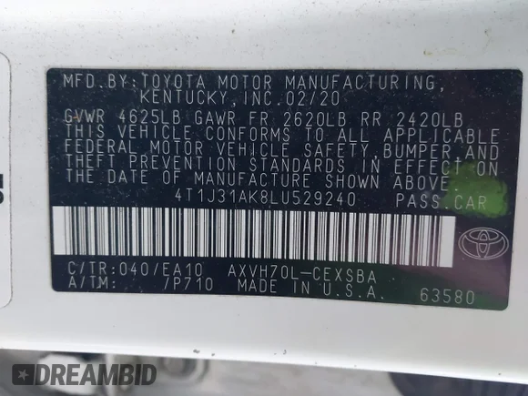 ✅ 2020 Toyota Camry Hybrid SE • VIN: 4T1J31AK8LU529240 • Lot: 43952032. Wystawiony na IAAI z przebiegiem 605 870 mil. Bezpłatny archiwum sprzedaży aukcyjnych z USA i szczegółowy raport historii pojazdu na DreamBid. Zdjęcie 7.