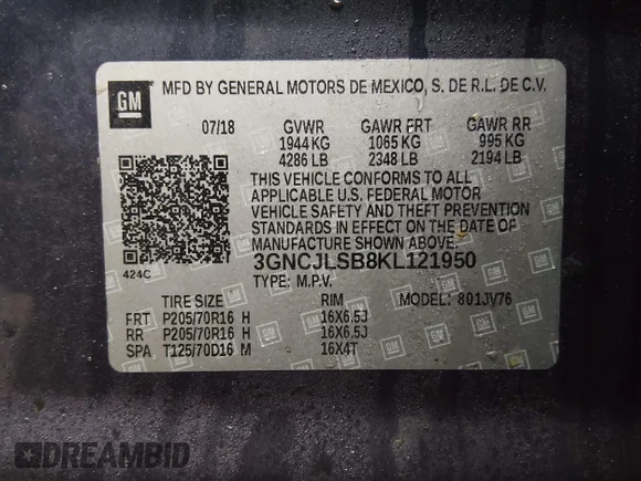✅ 2019 Chevrolet Trax LT • VIN: 3GNCJLSB8KL121950 • Lot: 44434295. Listed on IAAI with 66,611 mi. Free auction sales archive from the USA and detailed vehicle history report at DreamBid. Image 9.