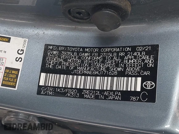 ✅ 2021 Toyota Corolla LE • VIN: JTDEPMAE6MJ171628 • Lot: 44975979. Wystawiony na IAAI z przebiegiem 63 796 mil. Bezpłatny archiwum sprzedaży aukcyjnych z USA i szczegółowy raport historii pojazdu na DreamBid. Zdjęcie 9.