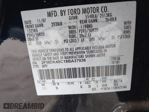 ✅ 2008 Ford Edge Limited • VIN: 2FMDK49C18BA37936 • Lot: 45050386. Listed on IAAI with 182,902 mi. Free auction sales archive from the USA and detailed vehicle history report at DreamBid. Image 9.
