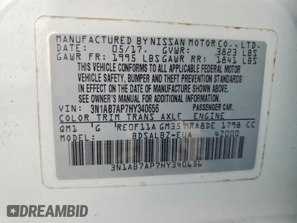 ✅ 2017 Nissan Sentra S • VIN: 3N1AB7AP7HY340656 • Lot: 54113156. Listed on Copart with 118,003 mi. Free auction sales archive from the USA and detailed vehicle history report at DreamBid. Image 12.