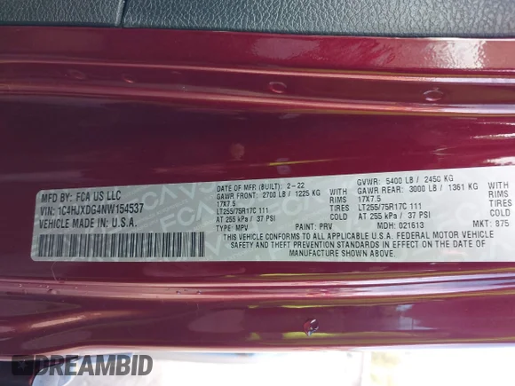 ✅ 2022 Jeep Wrangler Unlimited Sport S • VIN: 1C4HJXDG4NW154537 • Lot: 43373652. Wystawiony na IAAI z przebiegiem 44 970 mil. Bezpłatny archiwum sprzedaży aukcyjnych z USA i szczegółowy raport historii pojazdu na DreamBid. Zdjęcie 9.