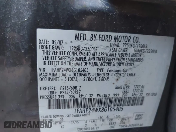 ✅ 2008 Ford Taurus SEL • VIN: 1FAHP24WX8G105405 • Lot: 43493455. Wystawiony na IAAI z przebiegiem 175 976 mil. Bezpłatny archiwum sprzedaży aukcyjnych z USA i szczegółowy raport historii pojazdu na DreamBid. Zdjęcie 9.