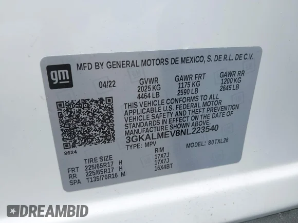 ✅ 2022 GMC Terrain SLE • VIN: 3GKALMEV8NL223540 • Лот: 44993690. Опубліковано раніше на IAAI з пробігом 46 427 миль. Безкоштовний доступ до архіву аукціонних продажів зі США та докладний звіт про історію автомобіля на DreamBid. Зображення 9.