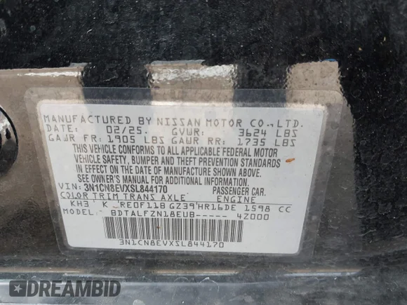 ✅ 2025 Nissan Versa SV • VIN: 3N1CN8EVXSL844170 • Lot: 44321446. Wystawiony na IAAI z przebiegiem 13 521 mil. Bezpłatny archiwum sprzedaży aukcyjnych z USA i szczegółowy raport historii pojazdu na DreamBid. Zdjęcie 9.