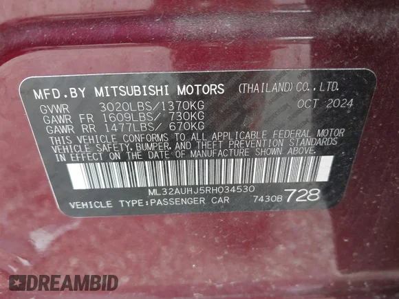 ✅ 2024 Mitsubishi Mirage ES • VIN: ML32AUHJ5RH034530 • Lot: 45293276. Wystawiony na IAAI z przebiegiem 27 817 mil. Bezpłatny archiwum sprzedaży aukcyjnych z USA i szczegółowy raport historii pojazdu na DreamBid. Zdjęcie 9.