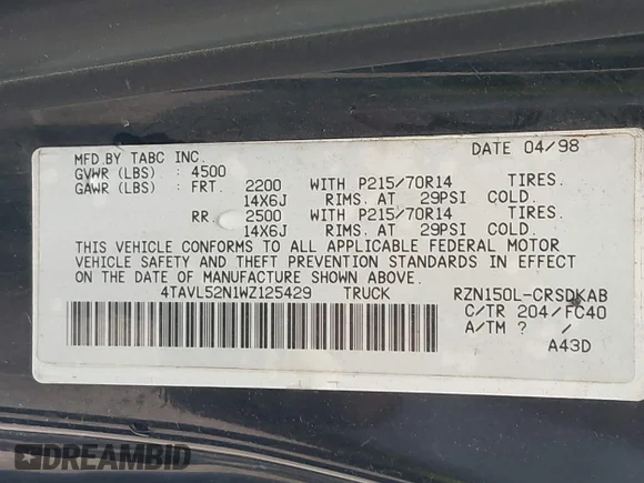 ✅ 1998 Toyota Tacoma • VIN: 4TAVL52N1WZ125429 • Lot: 44834739. Wystawiony na IAAI z przebiegiem 285 914 mil. Bezpłatny archiwum sprzedaży aukcyjnych z USA i szczegółowy raport historii pojazdu na DreamBid. Zdjęcie 9.