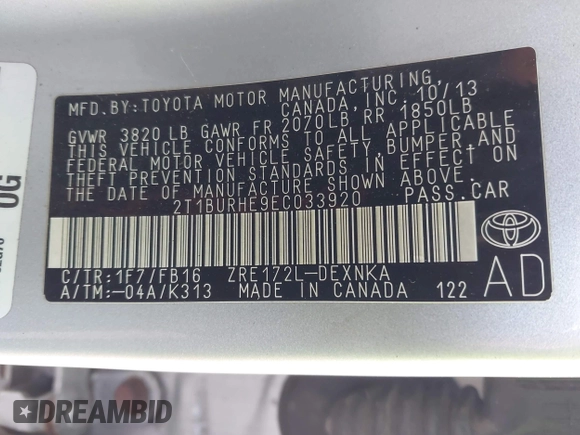 ✅ 2014 Toyota Corolla LE • VIN: 2T1BURHE9EC033920 • Lot: 44583403. Wystawiony na IAAI z przebiegiem Nie podano. Bezpłatny archiwum sprzedaży aukcyjnych z USA i szczegółowy raport historii pojazdu na DreamBid. Zdjęcie 9.