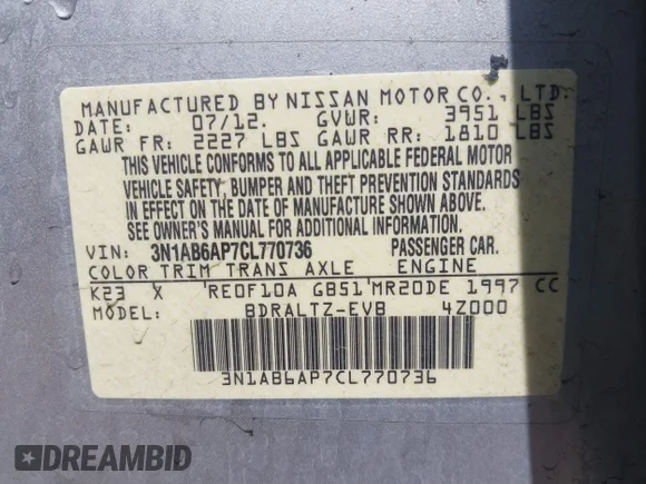 ✅ 2012 Nissan Sentra S • VIN: 3N1AB6AP7CL770736 • Lot: 45400306. Wystawiony na IAAI z przebiegiem 122 960 mil. Bezpłatny archiwum sprzedaży aukcyjnych z USA i szczegółowy raport historii pojazdu na DreamBid. Zdjęcie 9.