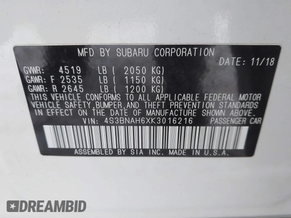 ✅ 2019 Subaru Legacy Premium • VIN: 4S3BNAH6XK3016216 • Lot: 43902253. Wystawiony na IAAI z przebiegiem 28 281 mil. Bezpłatny archiwum sprzedaży aukcyjnych z USA i szczegółowy raport historii pojazdu na DreamBid. Zdjęcie 9.