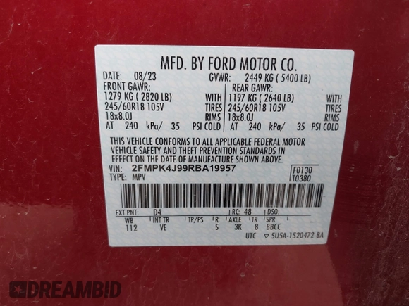 ✅ 2024 Ford Edge SEL • VIN: 2FMPK4J99RBA19957 • Lot: 44625731. Wystawiony na IAAI z przebiegiem 11 095 mil. Bezpłatny archiwum sprzedaży aukcyjnych z USA i szczegółowy raport historii pojazdu na DreamBid. Zdjęcie 9.