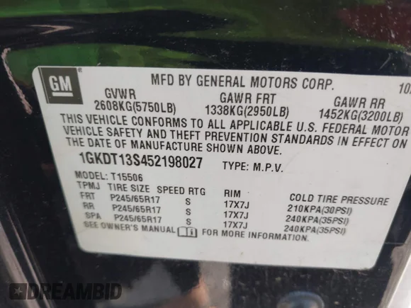 ✅ 2005 GMC Envoy SLE • VIN: 1GKDT13S452198027 • Lot: 42243258. Wystawiony na IAAI z przebiegiem 144 240 mil. Bezpłatny archiwum sprzedaży aukcyjnych z USA i szczegółowy raport historii pojazdu na DreamBid. Zdjęcie 9.