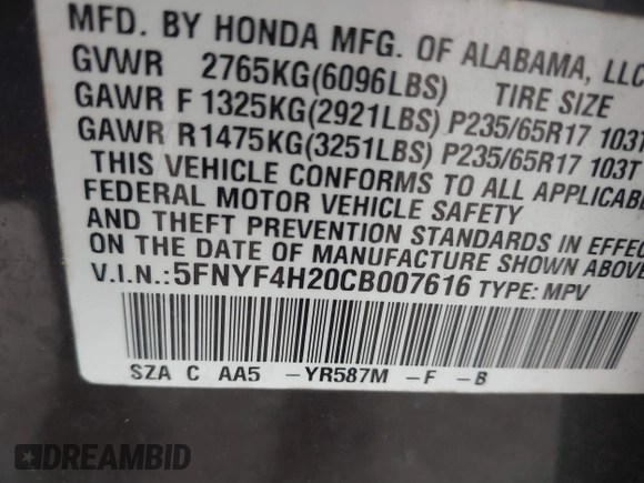✅ 2012 Honda Pilot LX • VIN: 5FNYF4H20CB007616 • Лот: 44966969. Опубликован ранее на IAAI с пробегом 186 507 миль. Бесплатный доступ к архиву аукционных продаж из США и подробный отчёт об истории автомобиля на DreamBid. Изображение 9.