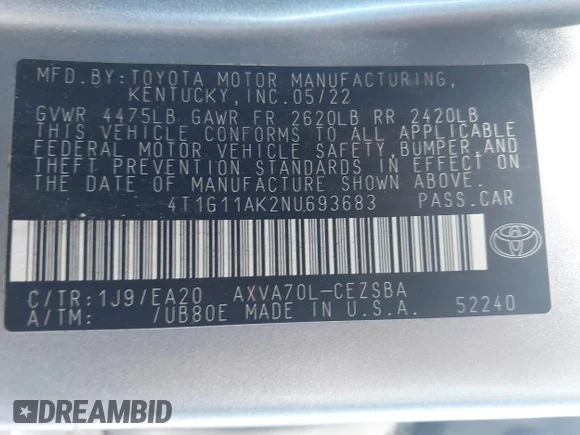 ✅ 2022 Toyota Camry SE • VIN: 4T1G11AK2NU693683 • Lot: 45383746. Wystawiony na IAAI z przebiegiem 76 291 mil. Bezpłatny archiwum sprzedaży aukcyjnych z USA i szczegółowy raport historii pojazdu na DreamBid. Zdjęcie 9.