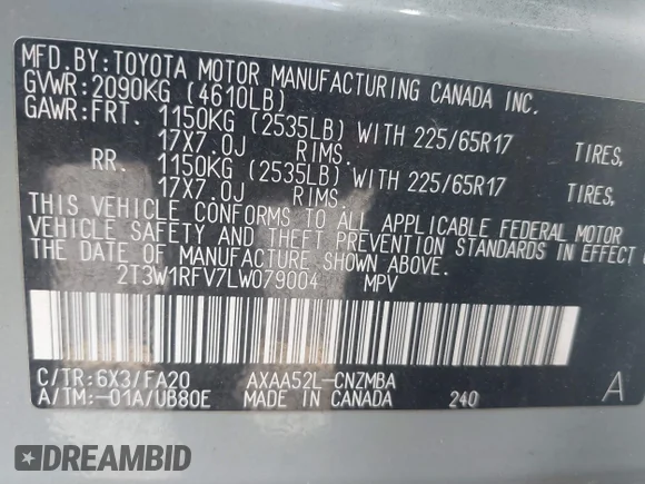 ✅ 2020 Toyota RAV4 XLE • VIN: 2T3W1RFV7LW079004 • Lot: 44737812. Listed on IAAI with 67,853 mi. Free auction sales archive from the USA and detailed vehicle history report at DreamBid. Image 9.