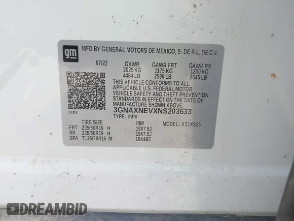 ✅ 2022 Chevrolet Equinox Premier • VIN: 3GNAXNEVXNS203633 • Lot: 45024660. Listed on IAAI with Not provided. Free auction sales archive from the USA and detailed vehicle history report at DreamBid. Image 9.
