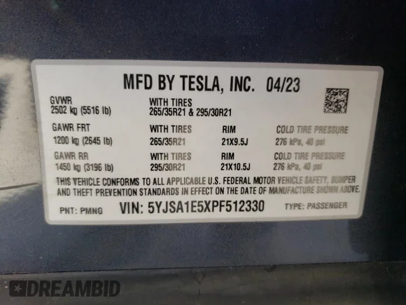 ✅ 2023 Tesla Model S • VIN: 5YJSA1E5XPF512330 • Lot: 75641464. Listed on Copart with Not provided. Free auction sales archive from the USA and detailed vehicle history report at DreamBid. Image 12.