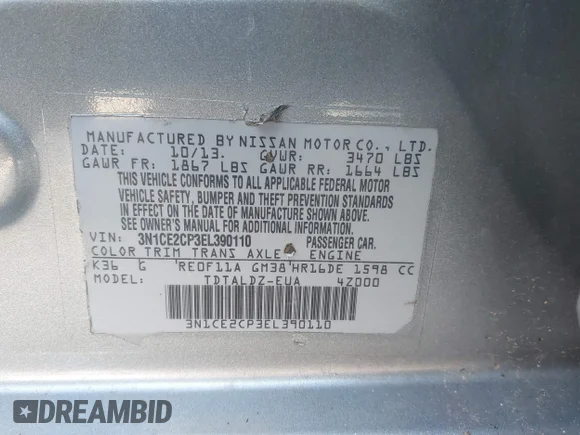 ✅ 2014 Nissan Note S Plus • VIN: 3N1CE2CP3EL390110 • Лот: 41608881. Опубликован ранее на IAAI с пробегом 180 083 миль. Бесплатный доступ к архиву аукционных продаж из США и подробный отчёт об истории автомобиля на DreamBid. Изображение 9.