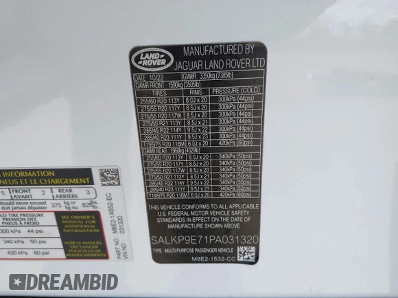 ✅ 2023 Land Rover Range Rover SE • VIN: SALKP9E71PA031320 • Lot: 43973918. Listed on IAAI with 27,233 mi. Free auction sales archive from the USA and detailed vehicle history report at DreamBid. Image 9.